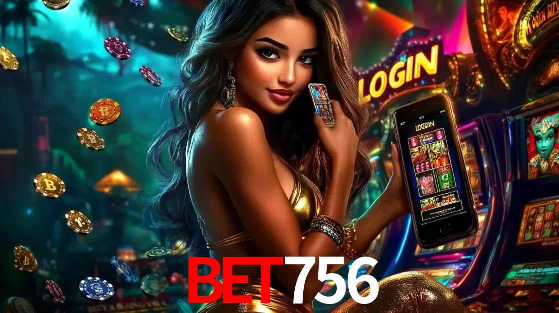 Mulher em um cenário de cassino temático de aventura, mostrando o app de caça-níqueis da BET756 no celular. Fichas de apostas flutuam ao redor.