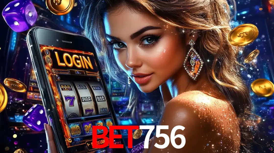 Mulher glamorosa segurando um smartphone com a tela de login para os jogos de caça-níqueis do cassino online BET756, com moedas de ouro e dados ao redor.