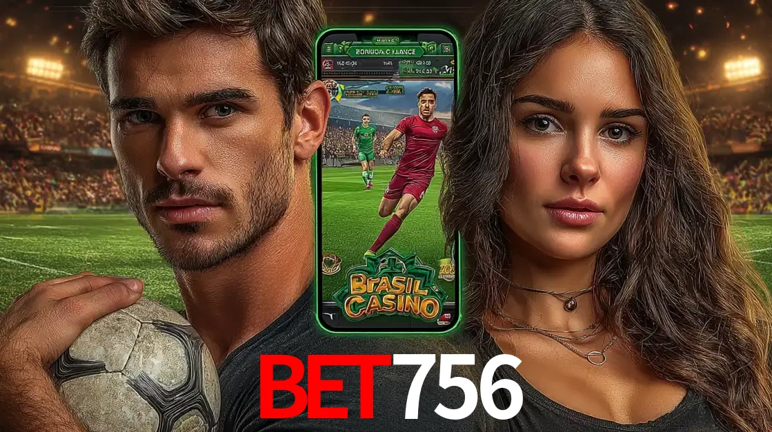 Homem segurando uma bola de futebol e uma mulher ao lado de um smartphone exibindo o jogo de apostas esportivas da BET756. Faça seu palpite no cassino online.